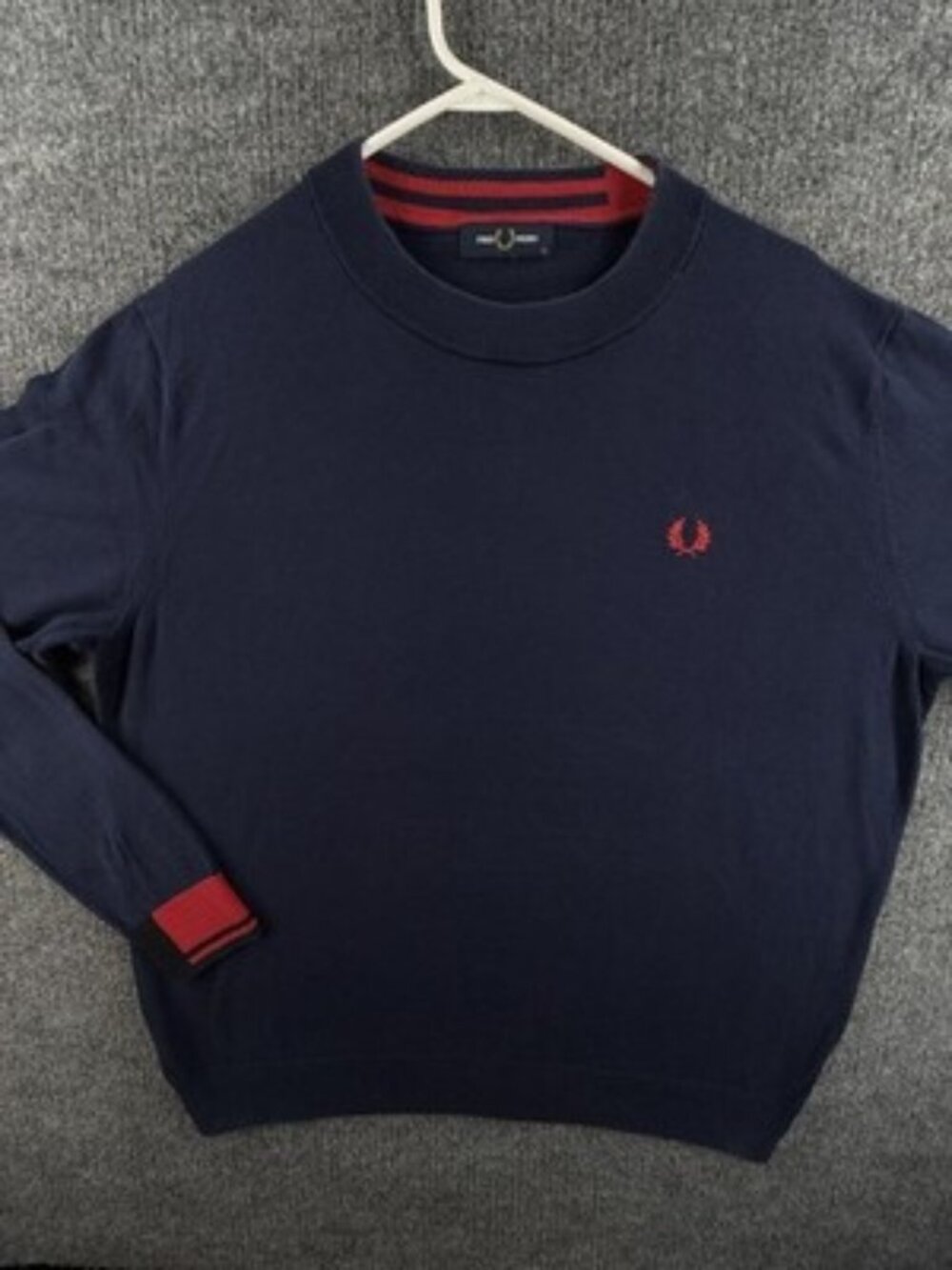 Fred Perry Men Logo Crew Neck Blue XL Pullover Long Sleeve Sweater Knit Fashion